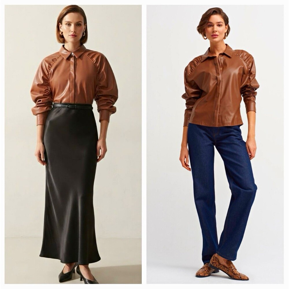 ZARA Brown Faux Leather Polyurethane Ruched Sleeve Collared Button-Up M